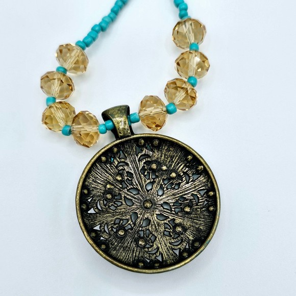 Bronze Statement Necklace Medallion Turquoise Champagne AB Bead Rhinestone - Picture 10 of 11